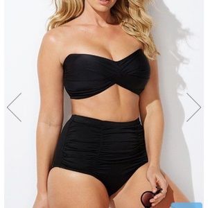 NWT- BLACK BANDEAU BIKINI WITH SHIRRED BRIEF. 38D